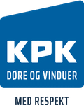 KPK-logo med teksten KPK Døre og Vinduer på dansk på blå baggrund og Med Respekt skrevet nedenunder.