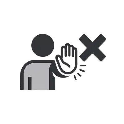Ikon af en person, der løfter hånden i en stopbevægelse med et stort X-symbol ved siden af, hvilket indikerer forbud eller afvisning. Billedet er i gråtoner på en sort baggrund.
