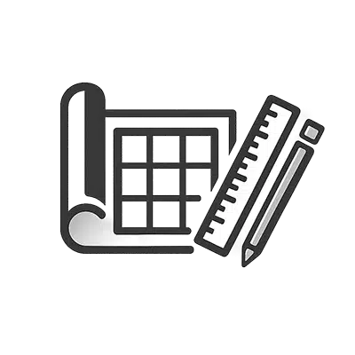 Sort-hvidt ikon af en sammenrullet arkitekttegning, en lineal og en blyant, der repræsenterer design- eller planlægningsværktøjer.